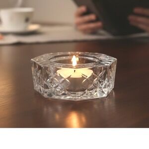 Vintage French Crystal Octagon Tea Light Candle Holder Diamond Cut Trinket Dish